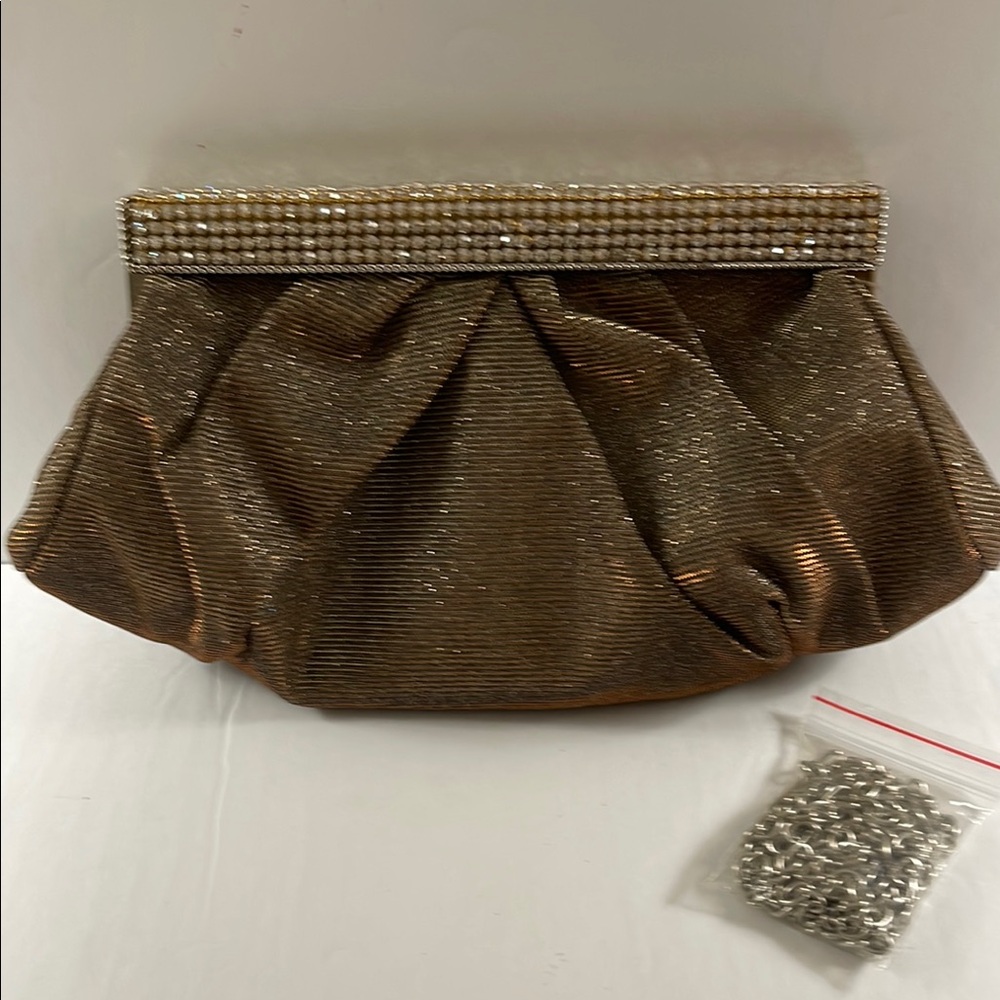 Mon Cheri Brown and Gold Pleated Clutch / Purse with Rhinestone Closure - Picture 3 of 16